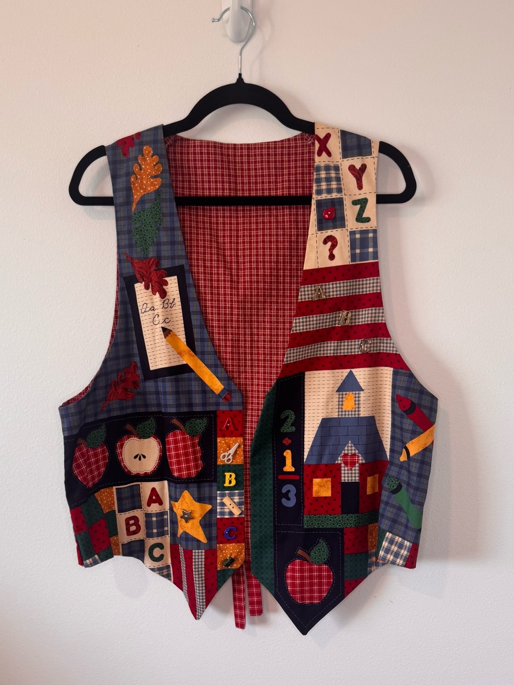 Handmade Teacher Vest Women’s L XL Schoolhouse Apple ABC Patchwork